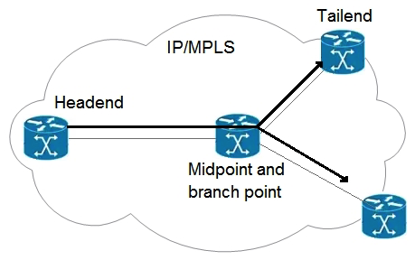 <strong> Refer to the exhibit. An engineer is implementing an MPLS P2MP TE solution. Which type of router can serve as the midpoint router and the tailend router in this P2MP TE network implementation?</strong> A) headend B) source C) transit D) bud