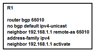 <strong> Refer to the exhibit. Which statement describes the result of this BGP configuration?</strong> A) R1 operates using IPv4 and VPNv4 address families. B) R1 operates on IPv6 only because the bgp default ipv4-unicast command is missing. R1 operates on IPv6 only because the bgp default ipv4-unicast command is missing. C) R1 establishes a VPNv4 eBGP relationship with neighbor 192.168.1.1. D) R1 establishes an iBGP relationship with peer 192.168.1.1.