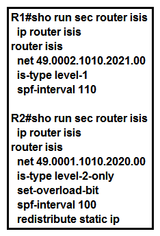 <strong> Refer to the exhibit. A technician is troubleshooting a connectivity issue and notices that there is no IS-IS adjacency between R1 and R2. What can the technician change to bring the IS-IS adjacency up?</strong> A) Change R2's net address to be in the same area as R1. B) Change R1's is-type to level-2-only C) Change R1's net address to be in the same area as R2. D) Change R2's configuration to no longer set the overload bit.