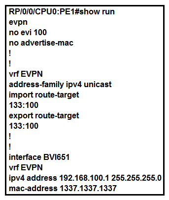 <strong> Refer to the exhibit. A network operator is implementing EVPN IRB on PE1. Which two command placements enable the advertisement of Type 2 routes and what information do Type 2 routes contain? (Choose two.)</strong> A) The operator adds in host-routing under the VRF EVPN. B) Type 2 routes contain MAC/IP information. C) Type 2 routes contain Ethernet Auto-Discovery information. D) The operator adds in host-routing under the BVI651 interface. E) Type 2 routes contain inclusive source-specific multicast route information.