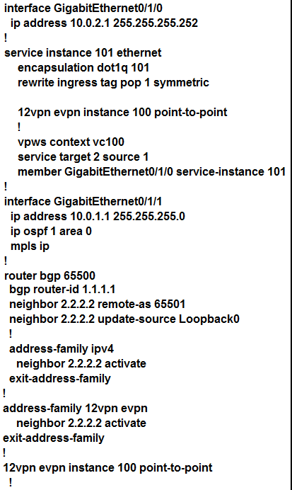 <strong> Refer to the exhibit. An engineer is trying to configure an EVPN VWPS. What is the issue with this configuration?</strong> A) The member in the VPWS context should be the PE-facing interface. B) The 12vpn evpn command should be instance 101. The 12vpn evpn command should be instance 101. C) Interface GigabitEthernet0/1/0 should not have any IP address. D) The service instance and the EVPN instance are different.