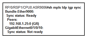 <strong>Referring to the Cisco IOS XR show command output exhibit, what are three possible reasons that the GigabitEthernet0/1/0/10 LDP IGP sync status is not ready? (Choose three.)</strong> A) GigabitEthernet0/1/0/10 is not configured to run LDP. B) Graceful restart is not configured on the peer. C) The LDP neighbor on GigabitEthernet0/1/0/10 is not up. D) The OSPF neighbor on GigabitEthernet0/1/0/10 is not up. E) LDP is up on GigabitEthernet0/1/0/10, but no label bindings have been received from the peer. F) GigabitEthernet0/1/0/10 is a member link of Bundle-Ether9000.