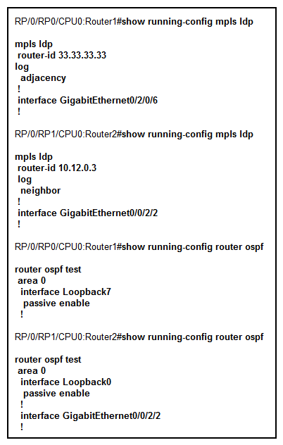 <strong>Refer to the partial Cisco IOS XR configurations exhibit for Router 1 and Router 2. There are two routers that are connected back to back over the Gigabit Ethernet link. If the show mpls ldp neighbor command output on Router 1 does not show LDP peering with Router 2, what could be the possible root cause of the LDP peering problem?</strong> A) missing interface under OSPF IGP configuration B) hello timers mismatch on Router 1 and Router 2 C) password for LDP session mismatch on Router 1 and Router 2 D) MPLS LDP session protection is not configured