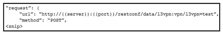 <strong> Refer to the exhibit. An automation engineer has created a RESTCONF POST to configure network devices. Which two tasks are accomplished when the code is executed? (Choose two.)</strong> A) If the specified configuration is already in the running configuration, the command is replaced by this request. B) If the specified configuration is already in the running configuration, the command is not replaced by this request. C) If the specified configuration is already executed in the running configuration, the command is merged with this request. D) If the specified configuration is already in the running configuration, the command updates this request. E) If the specified configuration is not on the device, the POST request creates it.