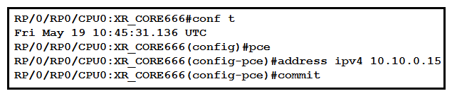 <strong> Refer to the exhibit. XTC has been configured by an engineer. What does the IPv4 address represent on the snippet?</strong> A) local address of the router on which it listens for PCEP B) configured for the local peer for state synchronization C) destination address of the router on which it listens for PCEP D) configured for the remote peer for state synchronization