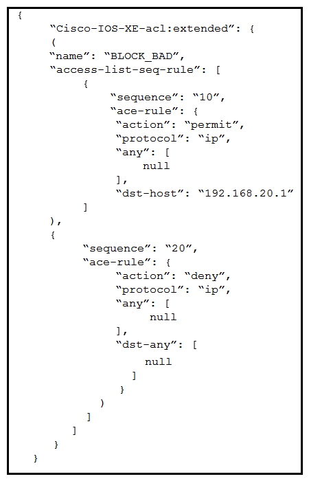 <strong>An engineer wants to replace the BLOCK_BAD ACL on the Cisco IOS XE router with this new content. The engineer wants to use RESTCONF for this and constructs a PUT request to the resource/restconf/data/native/ip/access-list/Cisco-IOS-XE-acl:extended=BLOCK_BAD . What must the body look like to achieve the Cisco IOS XE configuration? Desired configutation: ip access-list extended BLOCK_BAD permit ip any host 192.168.20.1 deny ip any any</strong> A) B) C) D)