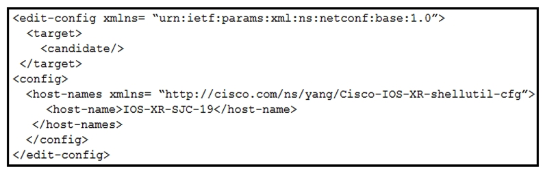 <strong> Refer to the exhibit. After this operation, what else is needed to change the hostname of the router to IOS-XR-SJC-19?</strong> A) <confirm> B) <close-session> C) <get-config> D) <commit>