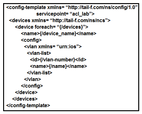 <strong> Refer to the exhibit. An engineer updated the skeleton template. How can a device be entered into the YANG Model?</strong> A) Modify the device instance of the device by referencing the acl_lab variable from our YANG model. B) Deploy a service instance that configures a VLAN of all of the devices present in Cisco NSO. C) Deploy a service instance that configures a VLAN of a list of devices referenced to the service YANG model. D) Modify the device instance by referencing the device variable from our YANG model.