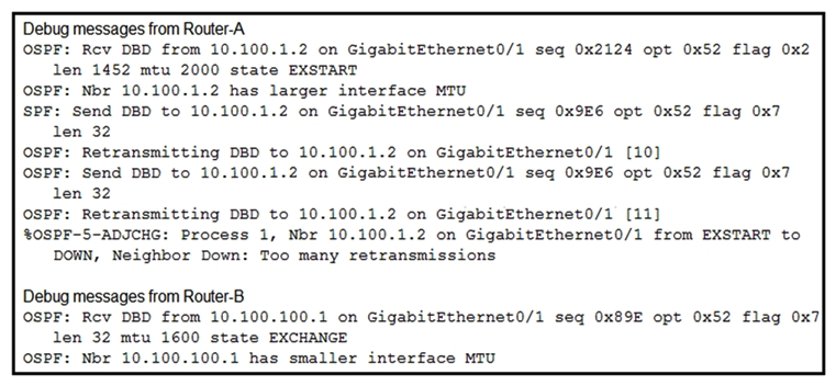 <strong> Refer to the exhibit. An OSPF adjacency between Router-A and Router-B fails to reach the FULL state. Which action resolves the issue?</strong> A) Adjust the MTU on Router-A to 1600. B) Disable the check of the MTU value. C) Set the OSPF media type to point-to-point. D) Adjust the MTU on Router-B to 1604.