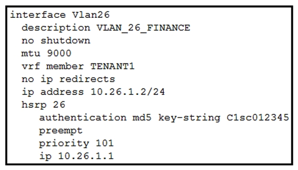 <strong> Refer to the exhibit. The HSRP configuration in the exhibit fails to function. Which action resolves this issue?</strong> A) Enable IP redirects. B) Set the MTU to 1500 bytes. C) Configure HSRP version 2. D) Configure the same HSRP group on both devices.