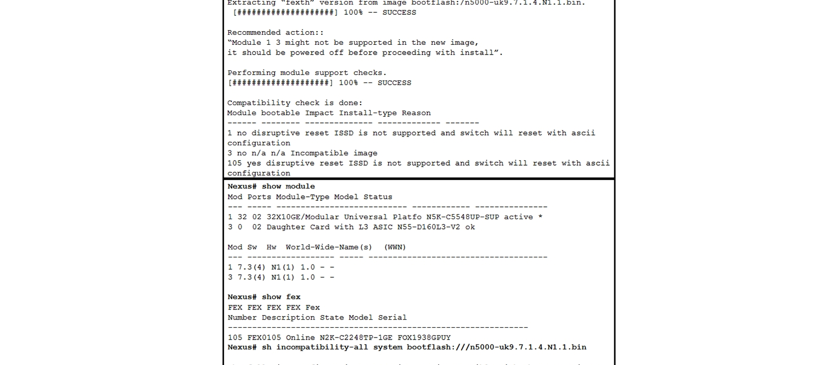 <strong> Refer to the exhibits. A switch is downgraded to an earlier release because of a problem with the current release. After the switch is downgraded, it cannot forward traffic. Which action resolves the issue?</strong> A) Enable ISSD after the downgrade is complete. B) Roll back to the original image. C) Reload the switch. D) Shut and no shut the interfaces to the FEX.