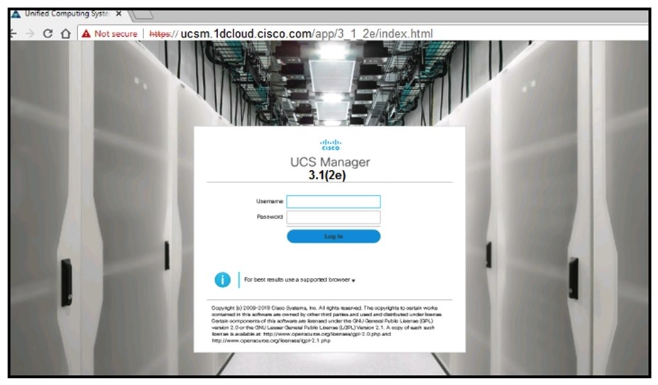 <strong> Refer to the exhibit. A web browser displays a not secure warning message when accessing the web interface of Cisco UCS Manager. Which action resolves the issue?</strong> A) Load third-party certificate to UCS Manager. B) Use the correct TCP port for HTTPS. C) Use a supported web browser. D) Use a supported version of UCS Manager.