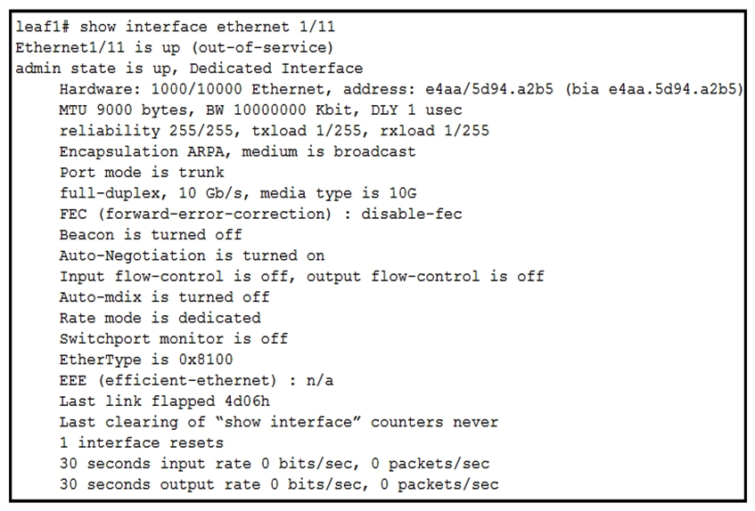 <strong> Refer to the exhibit. An engineer is performing a health check on ACI. Which statement about interface Ethernet 1/11 is true?</strong> A) The interface is working correctly and fully operational, but it is not in use. B) The interface policy is misconfigured. C) out-of-service is the default interface status in ACI. D) out-of-service indicates that no service graph is in use for this interface.
