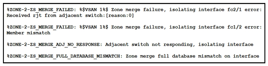<strong> Refer to the exhibit. An engineer deploys a SAN environment with two interconnected Cisco MDS 9000 Series Switches. When the engineer attempts a zone merge, it fails with the error that is presented in the exhibit. Which action resolves the issue?</strong> A) Import or export a zone set between the switches to synchronize the switches. B) Change the name of one of the zones to match the other zone set. C) Ensure that the zone members have different names. D) Set the distribute policy of the zone to full.