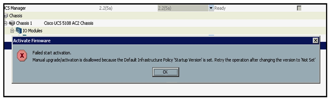 <strong> Refer to the exhibit. Cisco UCS Manager is upgraded using the Auto Install feature, but the FSM fails. Which action resolves the issue?</strong> A) Acknowledge the primary fabric interconnect. B) Remove the service pack from the subordinate fabric interconnect. C) Clear the startup version of the default infrastructure pack. D) Use the force option to upgrade the infrastructure firmware.