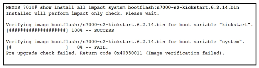 <strong> Refer to the exhibit. An upgrade operation fails with an error displayed. Which action resolves the issue?</strong> A) Use a different system image. B) Allocate extra space on a flash drive to extract a system image. C) Use a different kickstart image. D) Allocate extra space on a flash drive to extract a kickstart image.