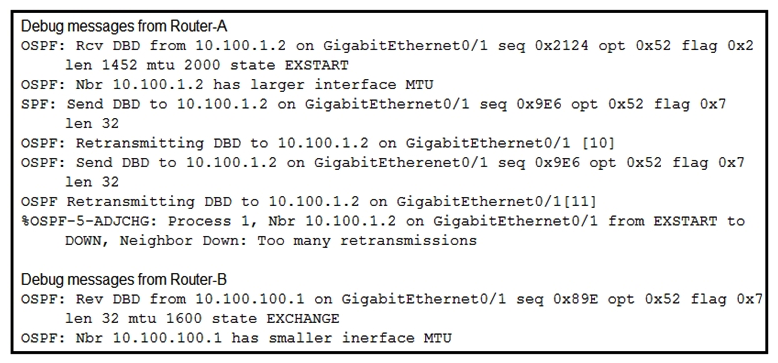 <strong> Refer to the exhibit. An OSPF adjacency between Router-A and Router-B cannot reach the FULL state. Which action resolves the issue?</strong> A) Adjust the MTU on Router-A to 1600. B) Disable the check of the MTU value. C) Set the OSPF media type to point-to-point. D) Adjust the MTU on Router-B to 1604.
