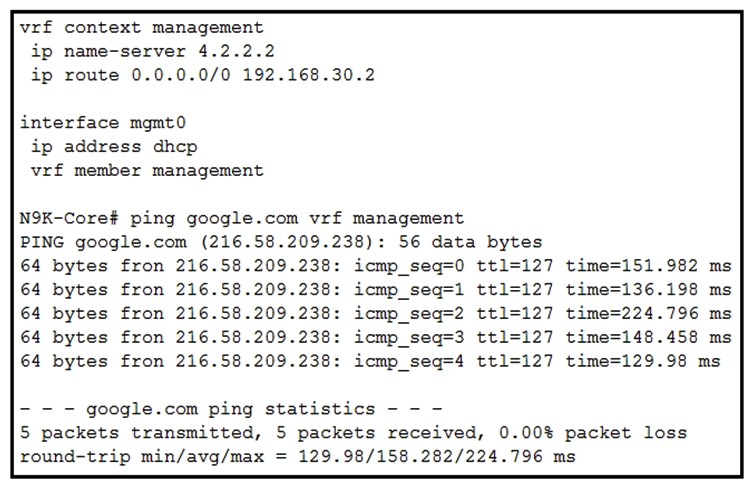 <strong> Refer to the exhibit. A network engineer has connected the Nexus switch management port to the Internet using DHCP to allow the Guest shell running on the switch to download Python packages. The engineer can ping google.com successfully from the Nexus switch, but the Guest shell failed to download any Python packages. Which action resolves the problem?</strong> A) Update the Python packages on the Cisco Nexus switch directly. B) Manually configure DNS in the Guest shell, even if it is claimed on the Cisco Nexus switch through DHCP. C) Manually configure NTP in the Guest shell. D) Connect Guest shell to data plane interfaces to be able to connect to the networks outside the Cisco Nexus switch.