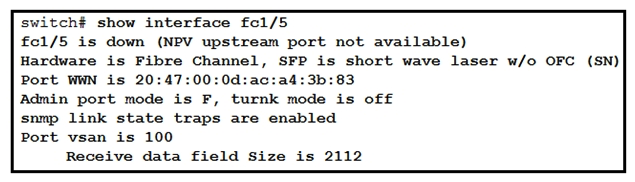 <strong> Refer to the exhibit. Interface fc1/5 is offline. Which action should be taken to troubleshoot the issue?</strong> A) Activate the correct zoneset for VSAN 100. B) Update the FLOGI database to contain the FLOGI entries for interface fc1/5 in VSAN 100. C) Update the FCNs database to contain names for VSAN 100. D) Configure the upstream ports and the server ports to be in VSAN 100.