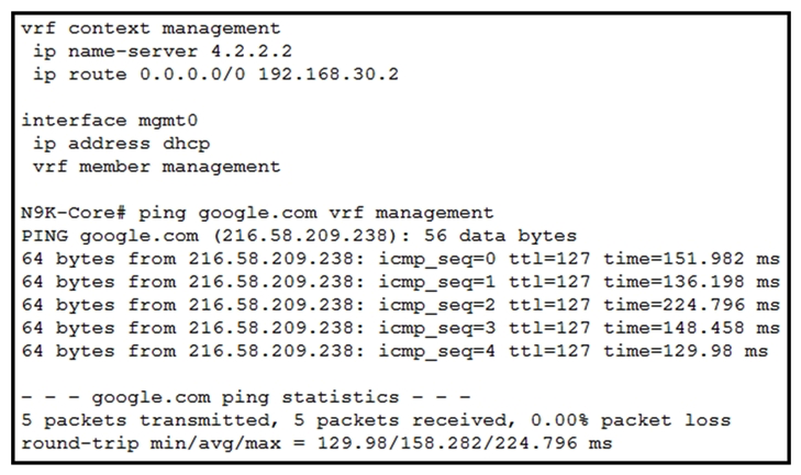 <strong> Refer to the exhibit. A network engineer connects the Cisco Nexus switch management port to the Internet using DHCP to allow the Guest shell that runs on the switch to download Python packages. The engineer can ping google.com from the Cisco Nexus switch, but the Guest shell fails to download Python packages. Which action resolves the problem?</strong> A) Update the Python packages directly on the Cisco Nexus switch. B) Manually configure DNS in the Guest shell, even if it is claimed on the Cisco Nexus switch through DHCP. C) Manually configure NTP in the Guest shell. D) Connect the Guest shell to data plane interfaces to be able to connect to the networks outside of the Cisco Nexus switch.