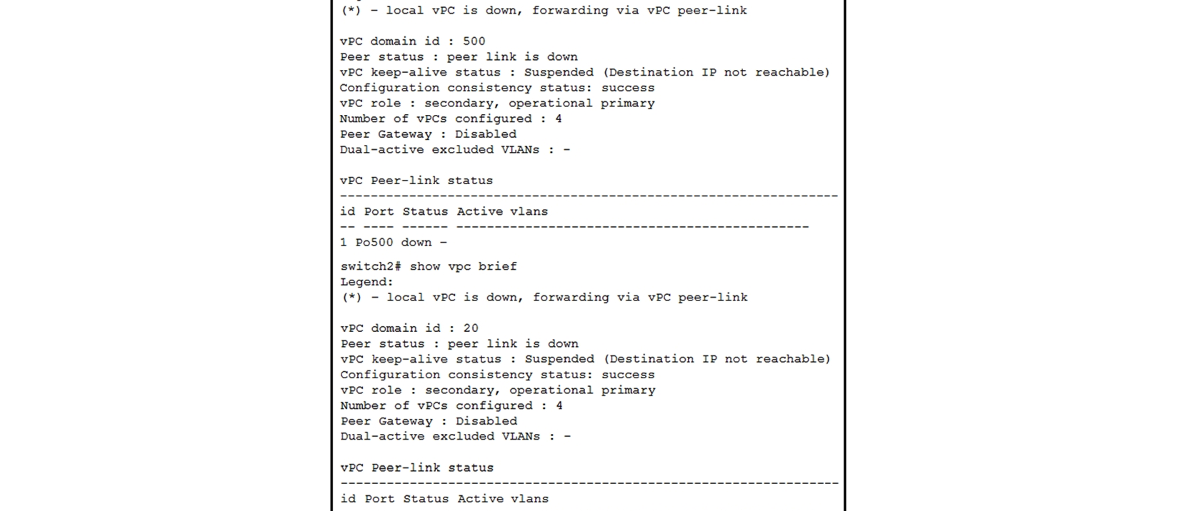 <strong> Refer to the exhibit. The vPC between switch1 and switch2 does not work. Which two actions resolve the problem? (Choose two.)</strong> A) Match the vPC domain ID between the two devices. B) Configure the IP address on the interface. C) Activate VLANs on the vPC. D) Correct the configuration of the vPC peer link and the vPC peer keepalive. E) Configure one of the switches as primary for the vPC.