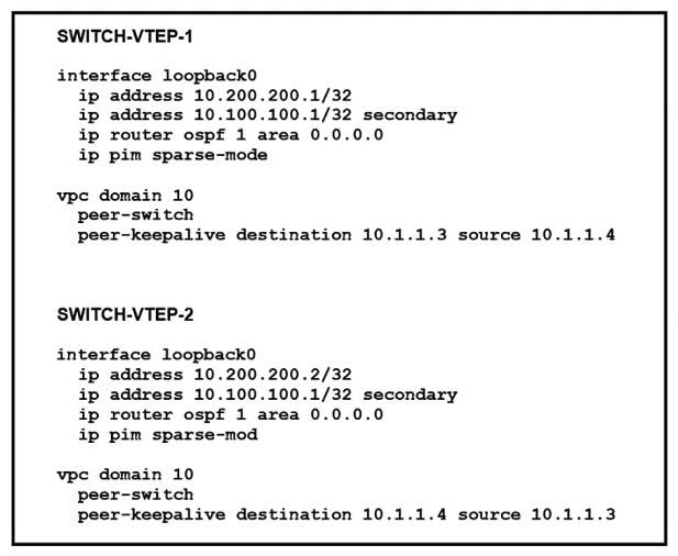 Refer to the exhibit. One of the vPC VTEPs fails to route VXLAN traffic to vPC connected hosts. When the issue was being diagnosed, it was discovered that the packets that were expected to be forwarded to the MAC address on the SWITCH-VTEP-1 are instead forwarded to the MAC address on SWITCH-VTEP-2 and then dropped. Which action resolves the issue?