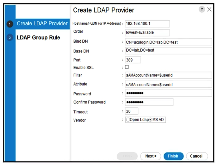 Refer to the exhibit. A network engineer configures an authentication domain through an LDAP provider on the Cisco UCS Manager for users from different companies to log into their respective organizations created in the UCS Manager. The engineer tests the configuration and notices that any user has login access to any organization in the UCS Manager. Which action should be taken to resolve the issue?