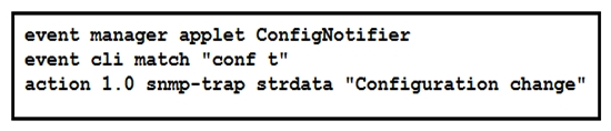 Refer to the exhibit. A network engineer creates an EEM script to trigger an SNMP notification when a user enters configuration mode, but the trap is not received when the condition is met. Which action resolves the issue?