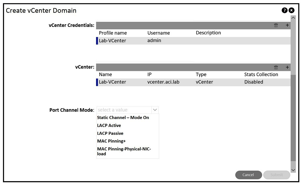 Refer to the exhibit. An engineer is implementing Cisco ACI - VMware vCenter integration for a blade server that lacks support of bonding. Which port channel mode results in route based on originating virtual port on the VMware VDS?