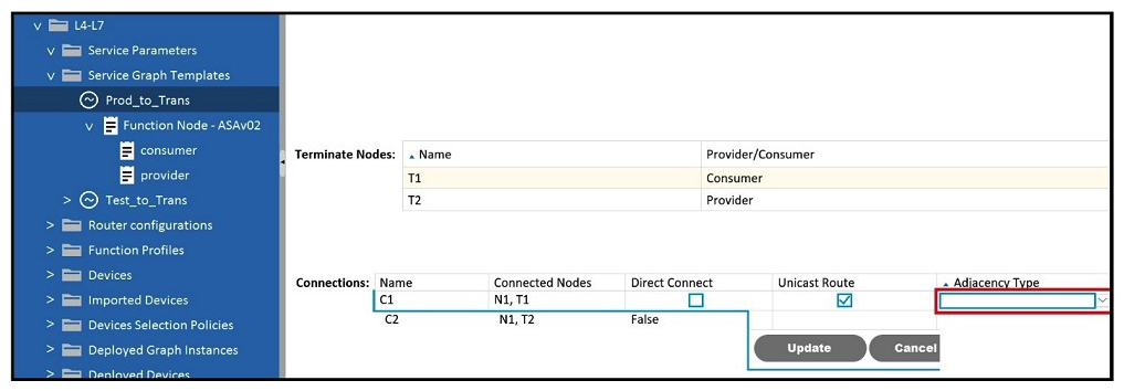 Refer to the exhibit. Which Adjacency Type value should be set when the client endpoint and the service node interface are in a different subnet?