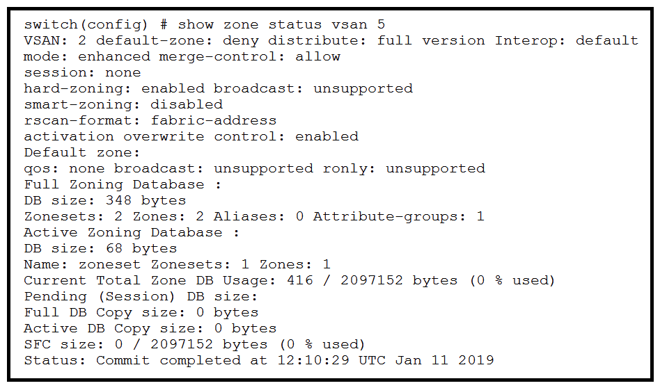 <strong>Refer to the exhibit. Device alias information must be merged for two fabrics. Which setting must match on both fabrics before the merge can be performed successfully?</strong> A) device-alias mode B) session C) qos D) smart-zoning