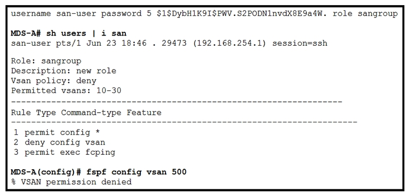 Refer to the exhibit. The san-user must configure FSPF on the VSAN 500, but fails. An operator with network administrative rights must authorize the san-user to perform this work. Which configuration must the operator apply?