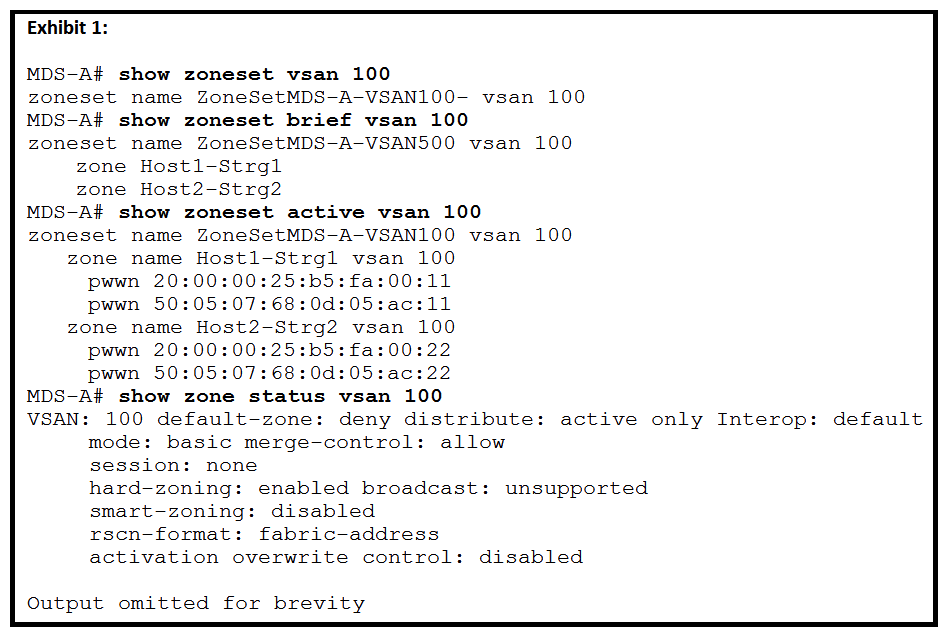 <strong>Refer to the exhibits. A storage network engineer activates a zoneset on MDS-A and verifies the successful activation ( Exhibit 1 ). The engineer is then notified that there is a SAN outage ( Exhibit 2 ) What is the cause of the outage?</strong> A) Another network engineer activated zoneset ZoneSetMDS-B-VSAN100 on MDS-A. B) Another network engineer issued the zone mode enhanced vsan 100 command on another switch in the fabric. Another network engineer issued the zone mode enhanced vsan 100 command on another switch in the fabric. C) Another network engineer activated the zoneset ZoneSetMDS-B-VSAN100 command on another switch in the fabric. Another network engineer activated the zoneset ZoneSetMDS-B-VSAN100 D) Another network engineer issued the zone default-zone permit vsan 100 command on another switch in the fabric. zone default-zone permit vsan 100 command on another switch in the fabric.