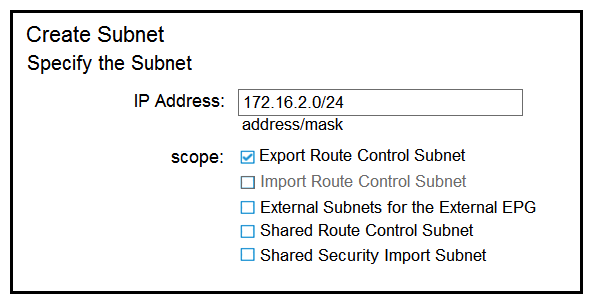 <strong> Refer to the exhibit. Which configuration must be implemented on L3Out EBGP to advertise out of the fabric 172.16.2.0/24 network that is learned from L3Out OSPF?</strong> A) B) C) D)