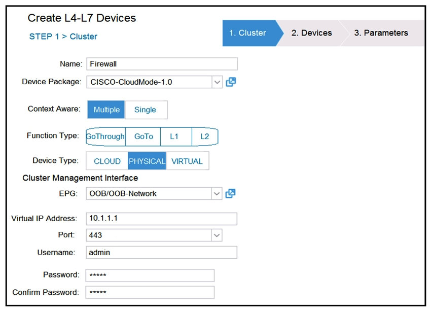<strong> Refer to the exhibit. A network engineer configures a Layer 4 to Layer 7 device for an outside routed firewall that is connected to POD-1 inside a Cisco ACI fabric that consists of two pods. All traffic from POD-1 or POD-2 that uses the L3Out should pass through the routed firewall. Which Function Type must be implemented in the service graph for POD-2 to use L3Out?</strong> A) GoThrough B) L1 C) GoTo D) L2
