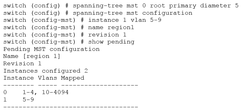 <strong> Refer to the exhibit. What does the diameter command specify?</strong> A) the maximum number of hops between any two bridges on a network B) the number of VLANs that were removed from the MSTI C) the VLAN that becomes the root of the MSTI D) the maximum number of hops between any two MST instances on a network