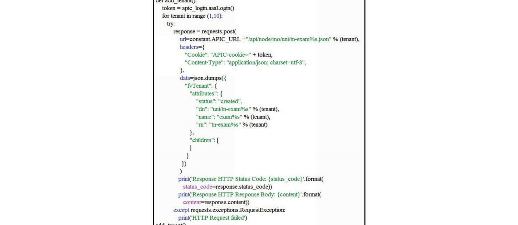 <strong>Refer to the exhibit. Assuming a new ACI instance, what is the result when this script is run?</strong> A) Ten objects are created and subsequently deleted. B) Nine objects are created. C) An exception is thrown. D) Ten objects are created.