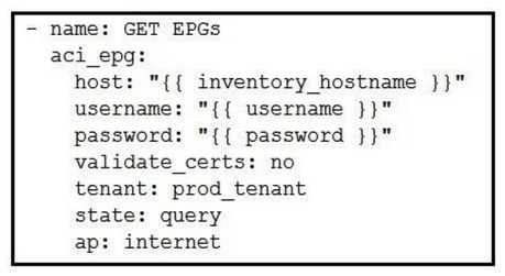 <strong>Which Ansible playbook fragment returns the fewest queried ACI endpoint groups?</strong> A) B) C) D)