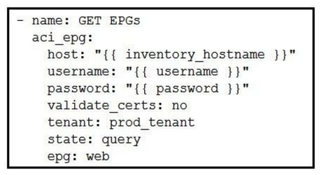 <strong>Which Ansible playbook fragment returns the fewest queried ACI endpoint groups?</strong> A) B) C) D)