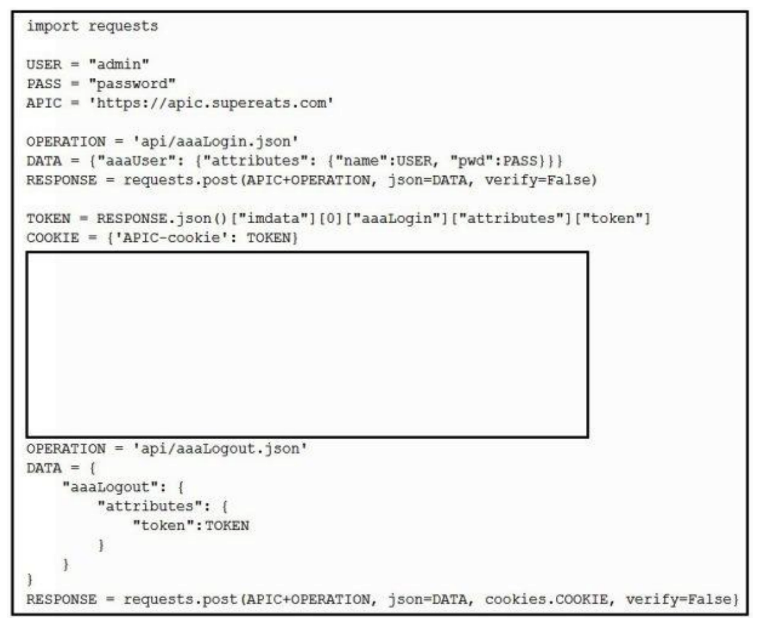 <strong> Which Python snippets create an application policy named OrderProcess that contains two application endpoint groups under Tenant SuperEats using direct calls to the ACI REST API? Assume that authentication and library imports are correct.</strong> A) B) C) D)