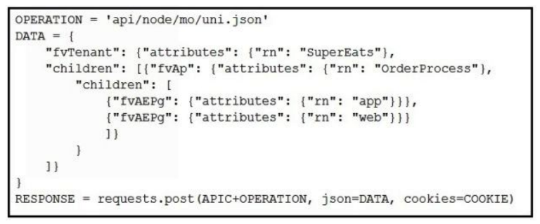<strong> Which Python snippets create an application policy named OrderProcess that contains two application endpoint groups under Tenant SuperEats using direct calls to the ACI REST API? Assume that authentication and library imports are correct.</strong> A) B) C) D)