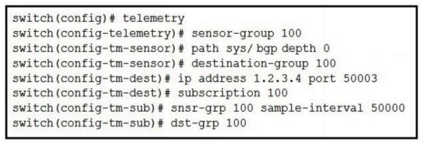 <strong>Refer to the exhibit. How often is the subscription stream for sys/bgp going to be sent?</strong> A) 5 sec B) 5 msec C) 5000 sec D) 5 min