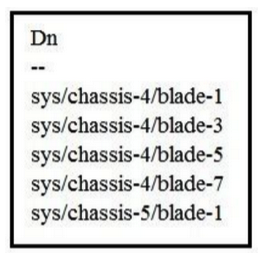 <strong>Refer to the exhibit. Which two Cisco UCS PowerTool commands provide this output? (Choose two.)</strong> A) Get-UcsServer | Select-Object Dn B) Get-UcsRack Systems | Select-Object Dn C) Get-UcsBlade | Select-Object Dn D) Get-UcsRackUnit | Select-Object Dn E) Get-UcsSystems | Select-Object Dn