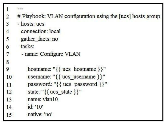 <strong>Refer to the exhibit. Which Ansible module is needed in line 8 to create a new VLAN 10 on the hosts defined in the ucs group?</strong> A) vlan B) ucs_vlans C) vlans D) nxos_vlans