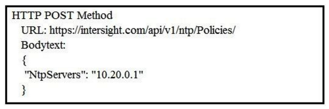 <strong>Refer to the exhibit. Cisco Intersight has an NTP server policy called My_NTP_Policy configured that contains a single NTP server pool entry pool.ntp.org. Which Cisco Intersight API call adds an additional NTP server (10.20.0.1) to the My_NTP_Policy server policy?</strong> A) B) C) D)
