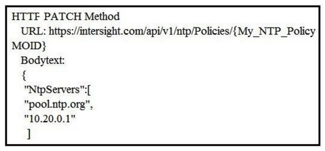<strong>Refer to the exhibit. Cisco Intersight has an NTP server policy called My_NTP_Policy configured that contains a single NTP server pool entry pool.ntp.org. Which Cisco Intersight API call adds an additional NTP server (10.20.0.1) to the My_NTP_Policy server policy?</strong> A) B) C) D)