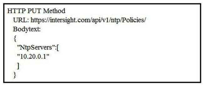 <strong>Refer to the exhibit. Cisco Intersight has an NTP server policy called My_NTP_Policy configured that contains a single NTP server pool entry pool.ntp.org. Which Cisco Intersight API call adds an additional NTP server (10.20.0.1) to the My_NTP_Policy server policy?</strong> A) B) C) D)