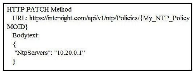 <strong>Refer to the exhibit. Cisco Intersight has an NTP server policy called My_NTP_Policy configured that contains a single NTP server pool entry pool.ntp.org. Which Cisco Intersight API call adds an additional NTP server (10.20.0.1) to the My_NTP_Policy server policy?</strong> A) B) C) D)