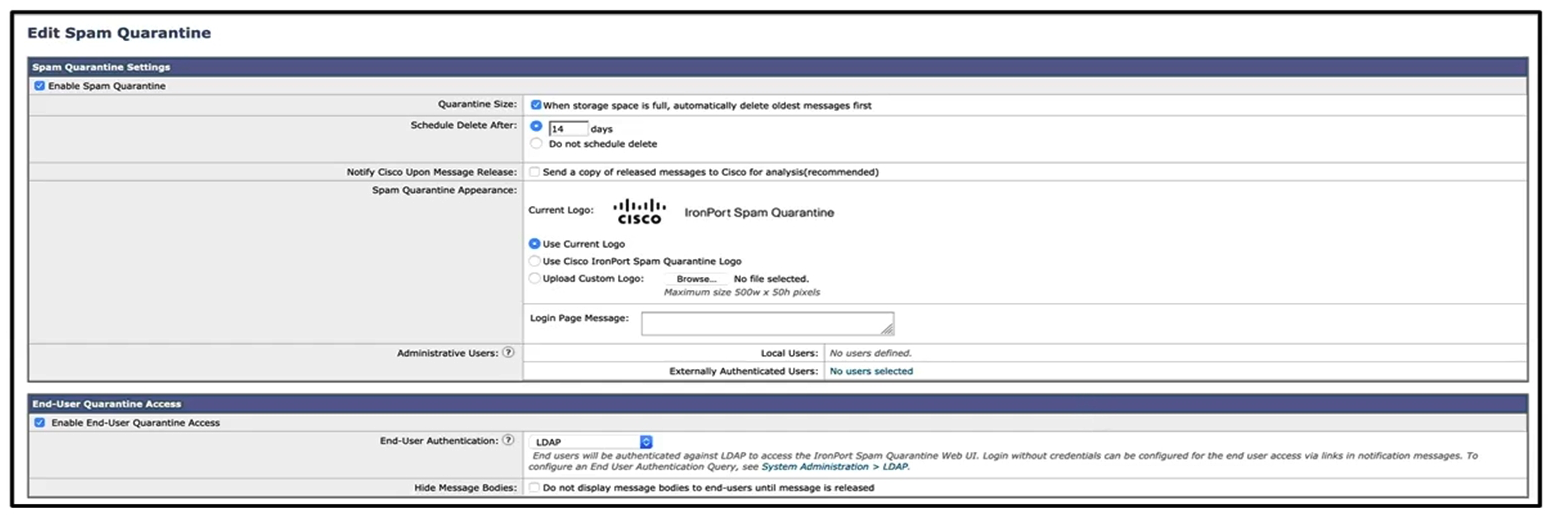 <strong> Refer to the exhibits. What must be done to enforce end user authentication before accessing quarantine?</strong> A) Enable SPAM notification and use LDAP for authentication. B) Enable SPAM Quarantine Notification and add the %quarantine_url% variable. C) Change the end user quarantine access from None authentication to SAAS. D) Change the end user quarantine access setting from None authentication to Mailbox.