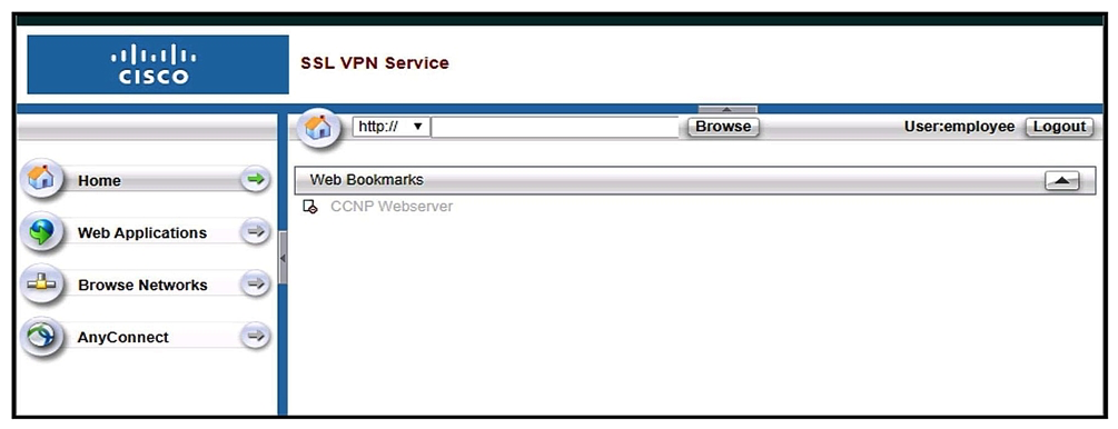 <strong> Refer to the exhibit. Based on the exhibit, why are users unable to access CCNP Webserver bookmark?</strong> A) The URL is being blocked by a WebACL. B) The ASA cannot resolve the URL. C) The bookmark has been disabled. D) The user cannot access the URL.